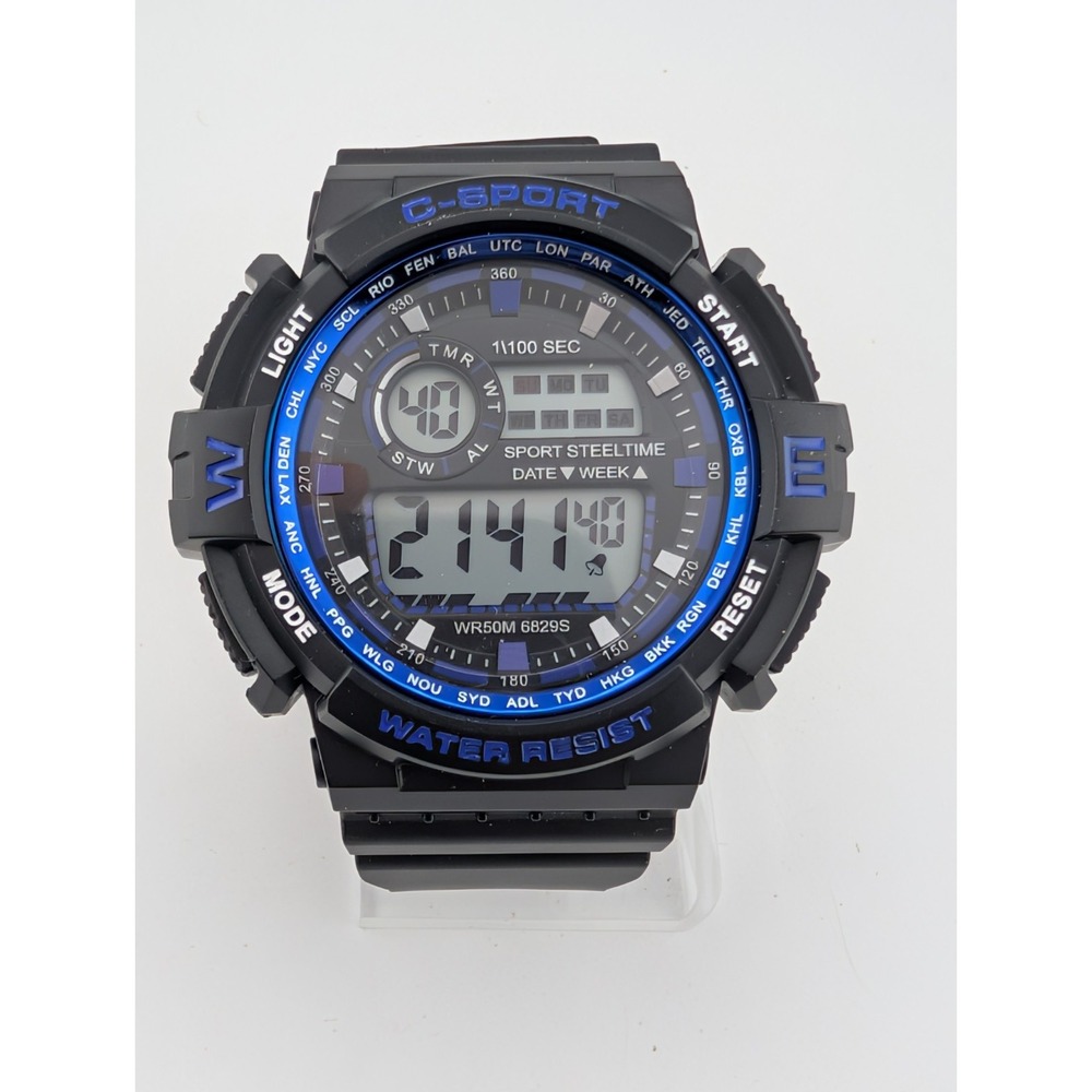 C-Sport Men's Digital Sport 56mm Case Black Resin Band Backlight- New Battery